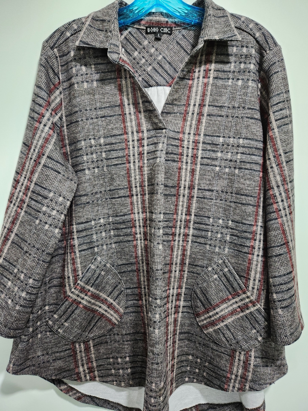 BOho Chic Gray Plaid Blazer Jacket with Red Stripe
